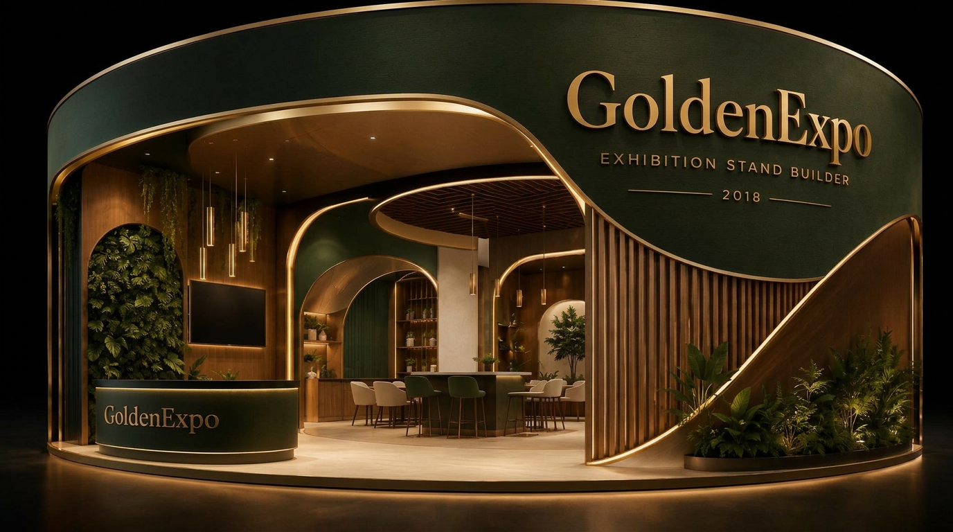 Premium exhibition stand by GoldenExpo — green with gold accents